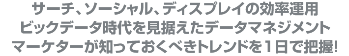 サーチ、ソーシャル、ディスプレイの効率運用
ビックデータ時代を見据えたデータマネジメント
マーケターが知っておくべきトレンドを一日で把握!